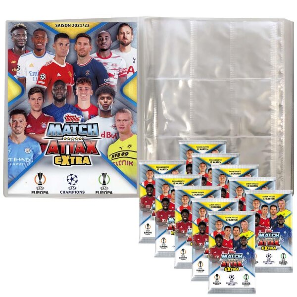 Topps Champions League EXTRA 2021/22 - Trading Cards - 1 Leere Sammelmappe + 10 Booster