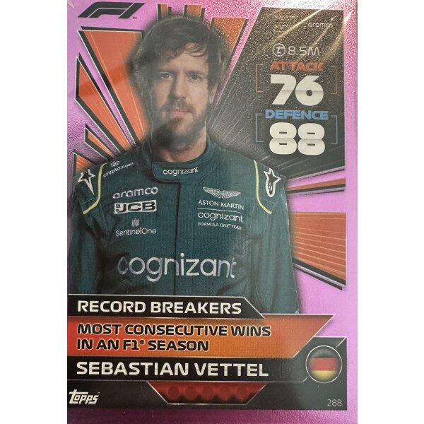 288 - Turbo Attax F1 2022 - CRYSTAL PINK - Record Breaker - Sebastian Vettel