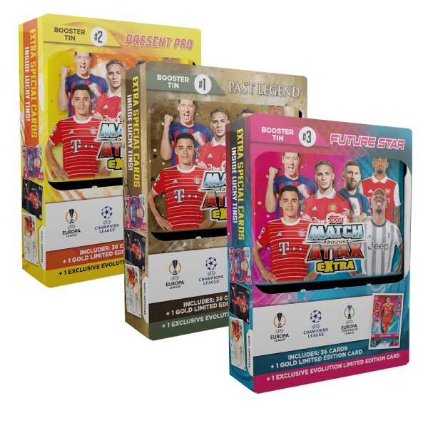 Topps - Champions League EXTRA 2022/23 - Trading Cards - Alle 3 verschiedenen Mini Tin Boxen