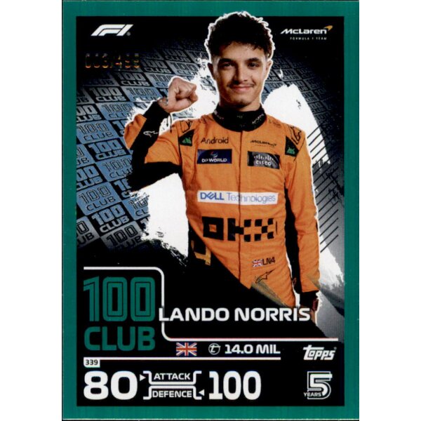 339 - Lando Norris - 100 Club - GRÜN Nummeriert /499 - Turbo Attax 2024