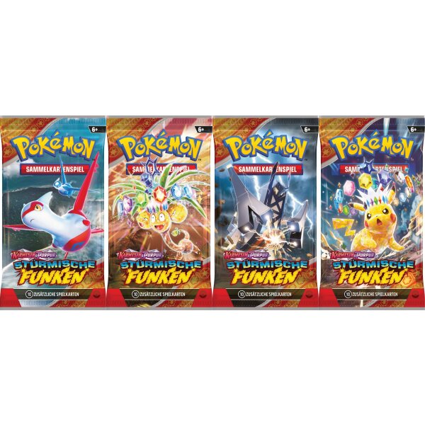 Pokemon KP08 Stürmische Funken - 4 Booster - ALLE Artworks! - Deutsch